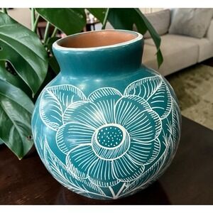 Huancito Pottery Burnished Clay Pot Hand Painted Flowers Birds Michoacan Mexico
